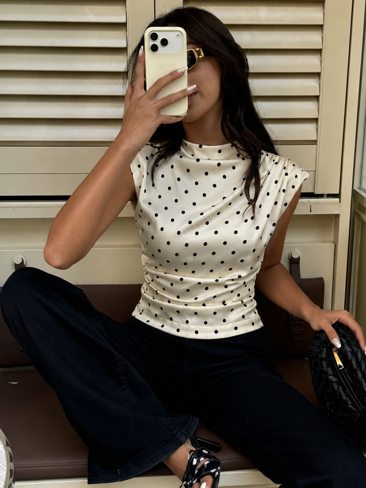 Polka Dot Sleeveless Ruched Blouse with Tie-Back Detail