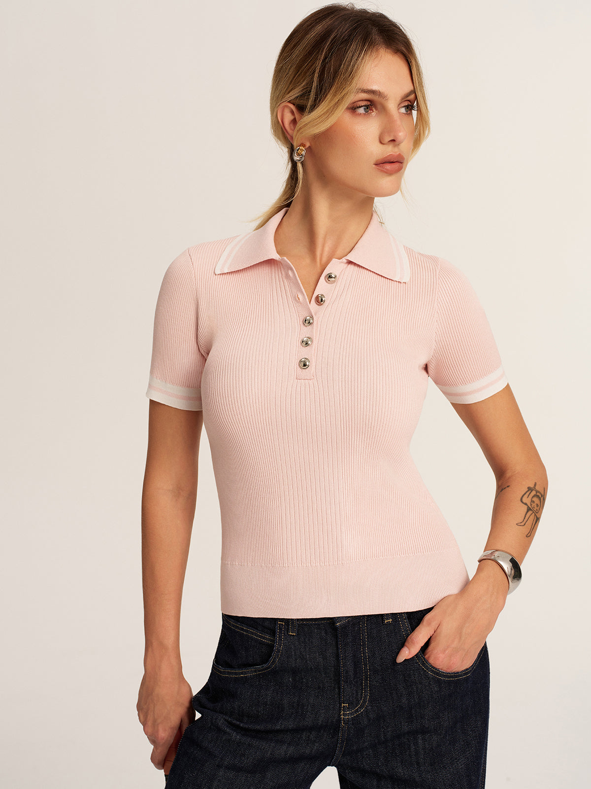 Short Sleeve Ribbed Knit Polo Top for Women Casual Wear