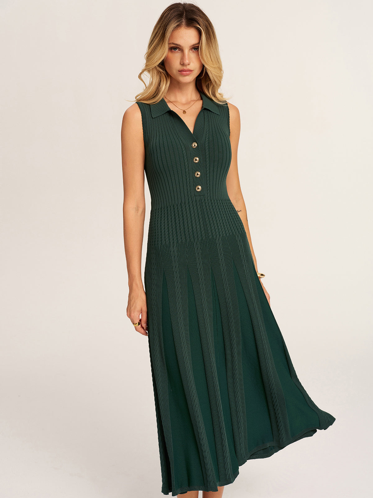 Sleeveless Polo Ribbed Knit Midi Dress with Side Slit Detail