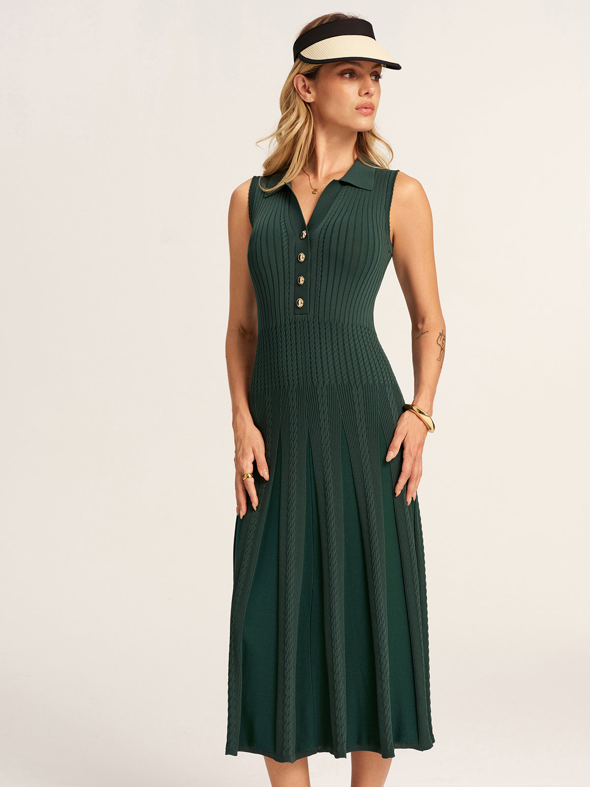 Sleeveless Polo Ribbed Knit Midi Dress with Side Slit Detail