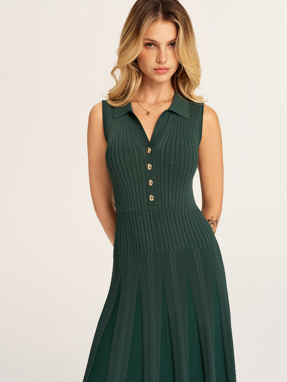 Sleeveless Polo Ribbed Knit Midi Dress with Side Slit Detail