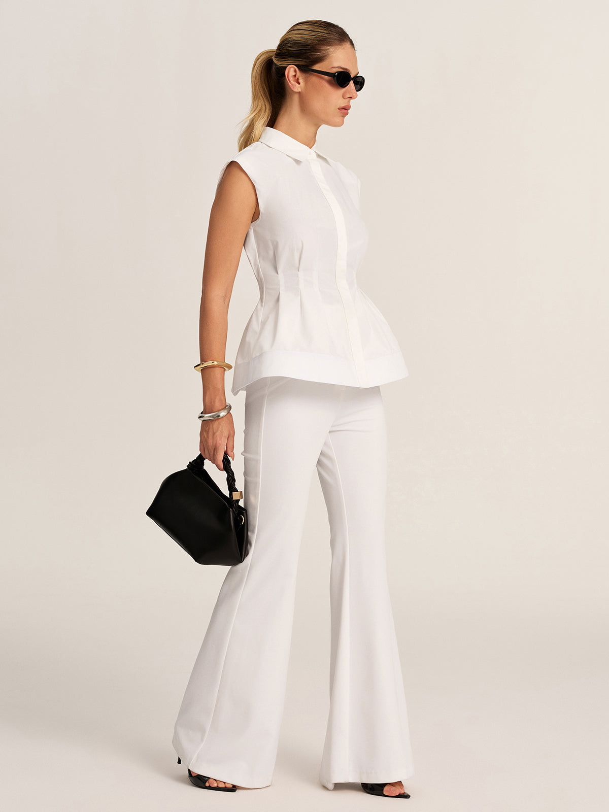 Sleeveless Collared Peplum Fitted Blouse, Elegant Office Wear for Women