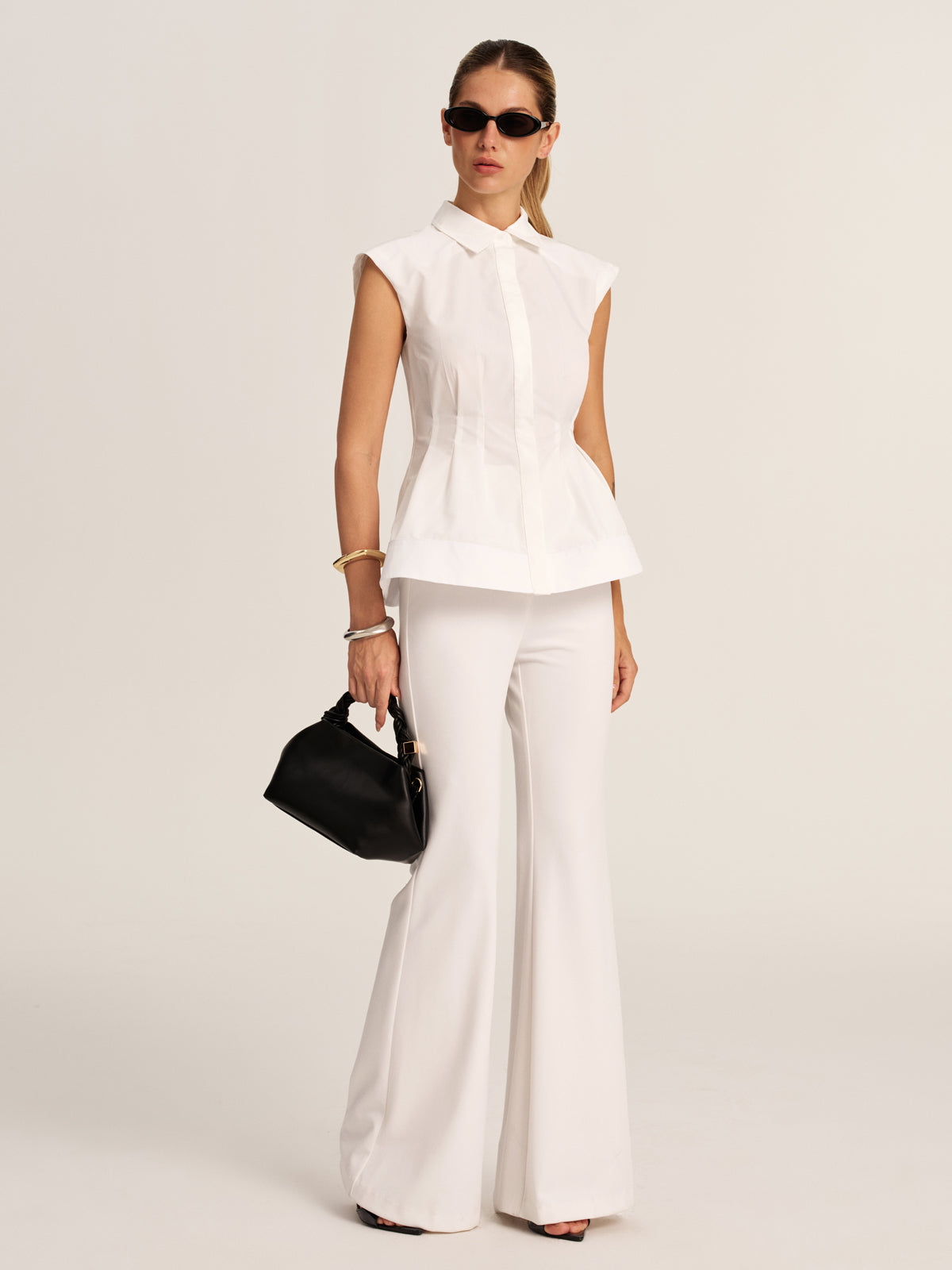 Sleeveless Collared Peplum Fitted Blouse, Elegant Office Wear for Women