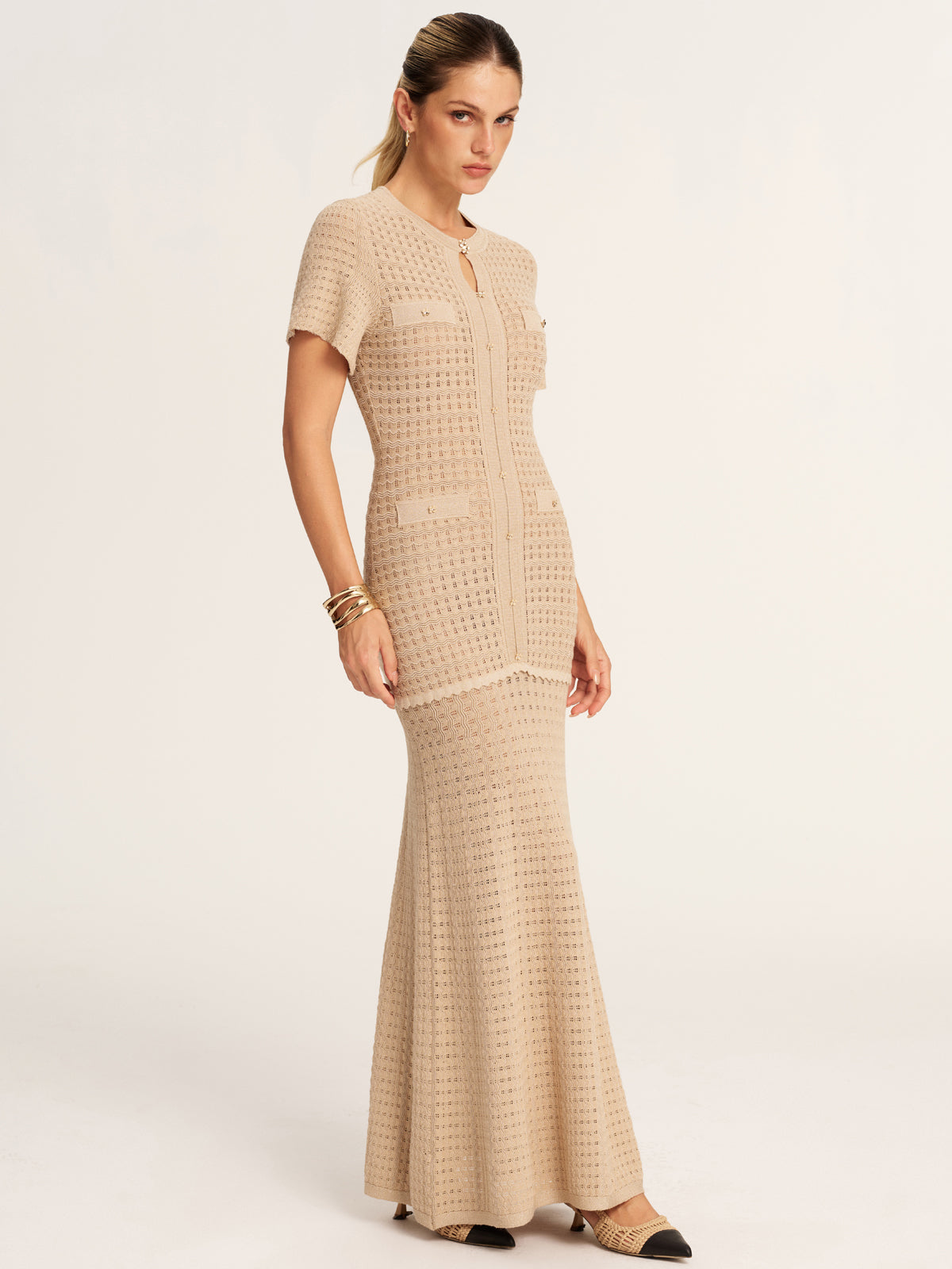 Chic Women's Short Sleeve Crochet Knit Mermaid Maxi Dress for Summer Evenings