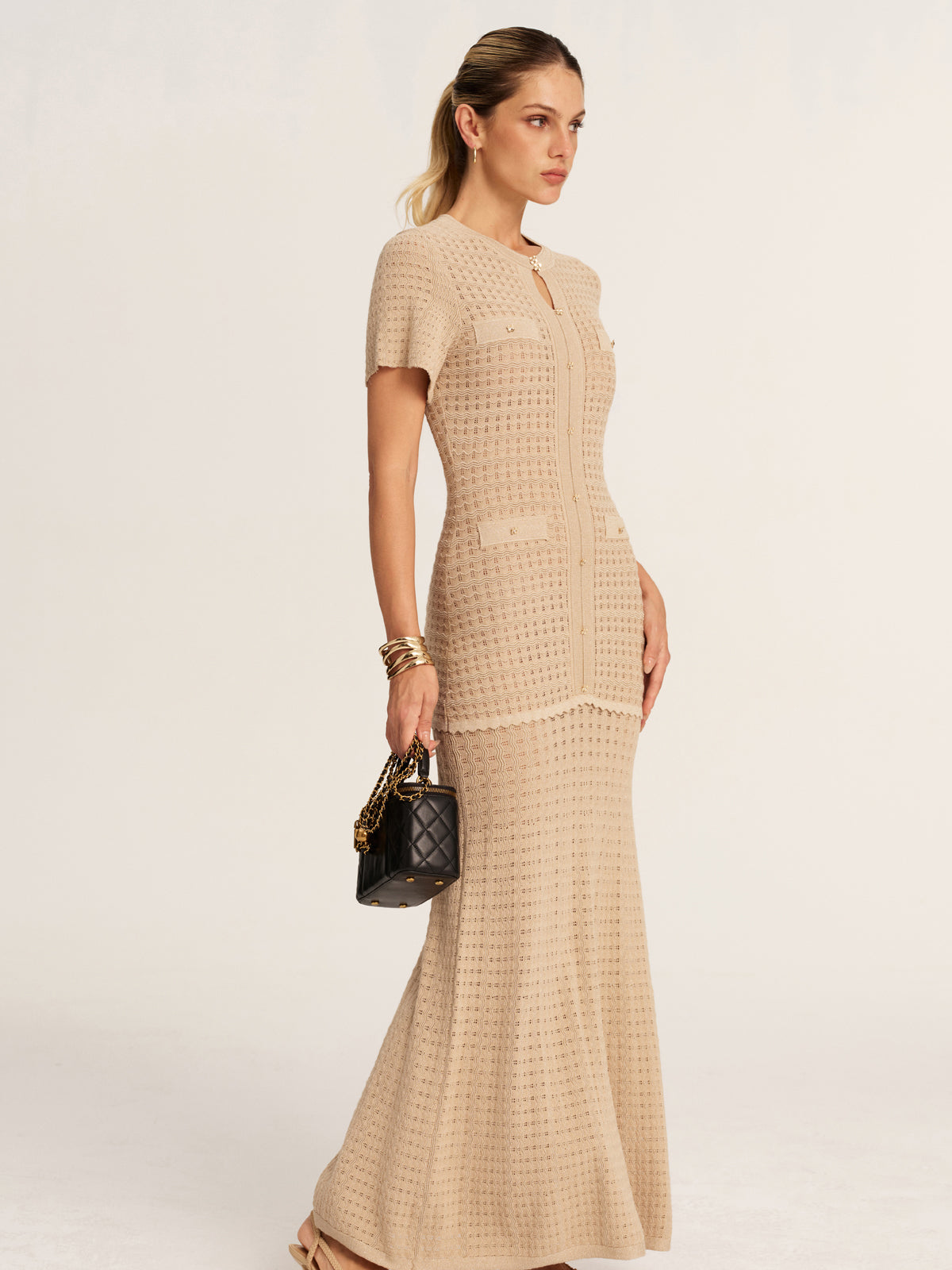 Chic Women's Short Sleeve Crochet Knit Mermaid Maxi Dress for Summer Evenings