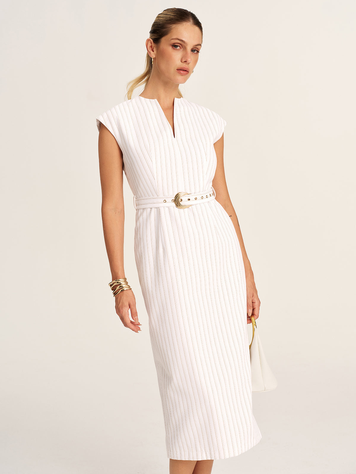 Sleeveless Notch Neck Striped Belted Midi Dress for Women Summer Casual