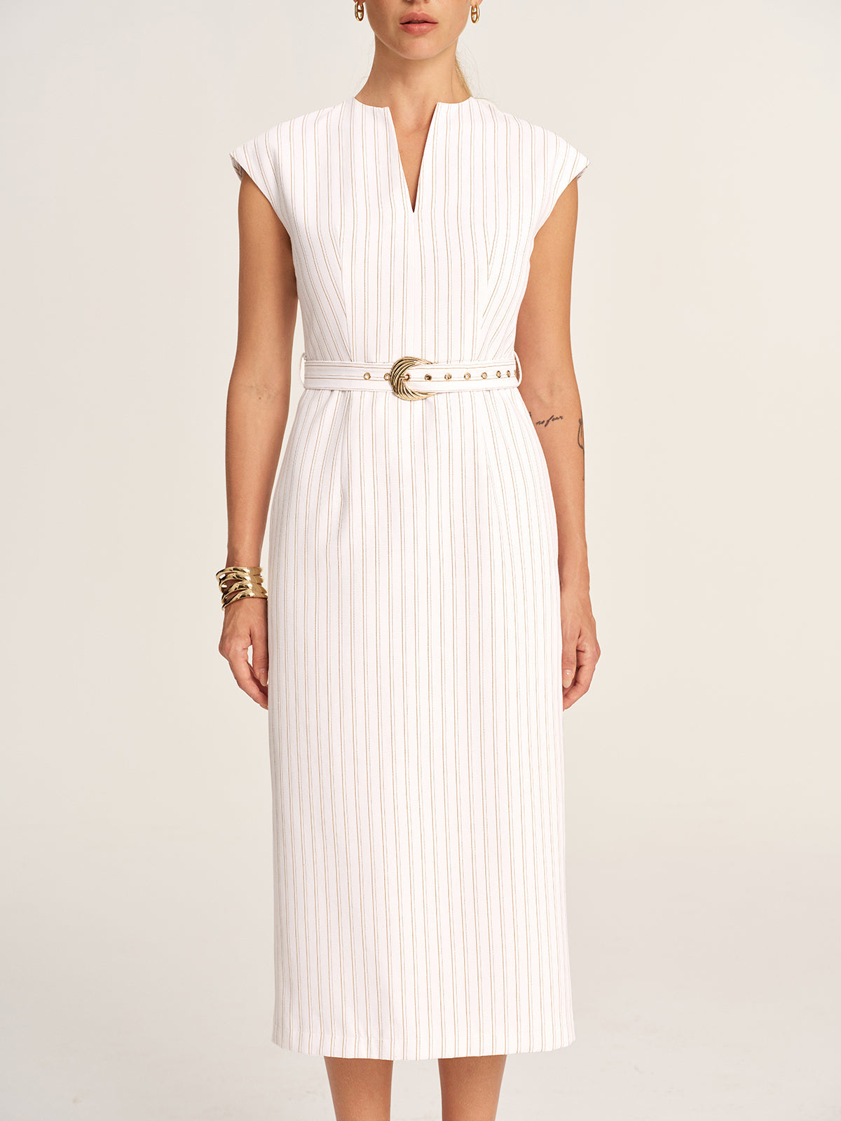 Sleeveless Notch Neck Striped Belted Midi Dress for Women Summer Casual