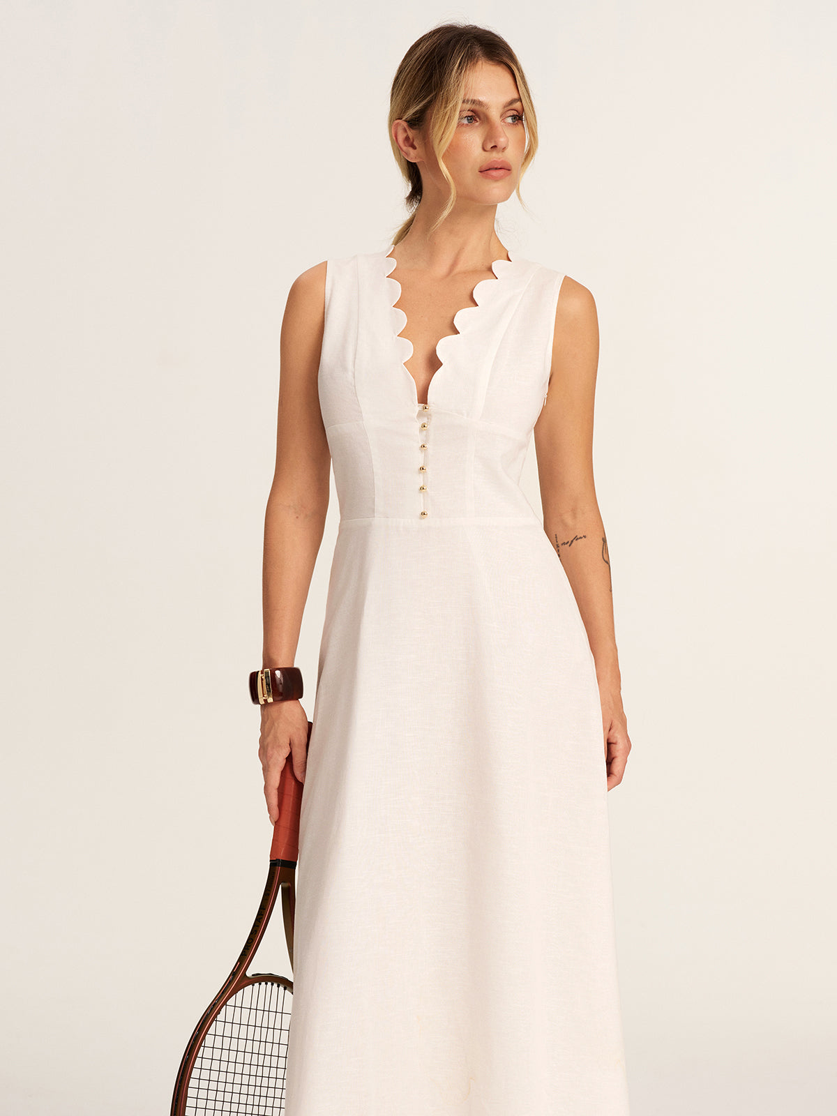 Scalloped Neckline Cotton Linen Midi Dress for Women Summer Casual