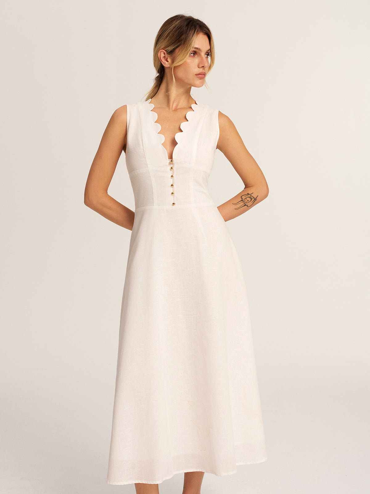 Scalloped Neckline Cotton Linen Midi Dress for Women Summer Casual