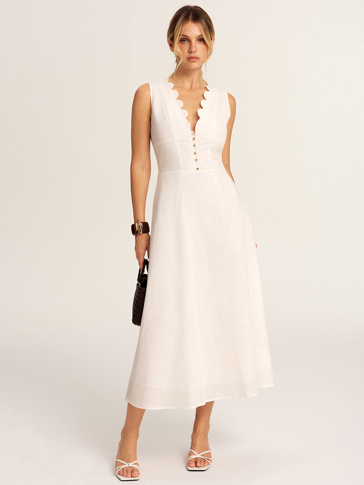 Scalloped Neckline Cotton Linen Midi Dress for Women Summer Casual