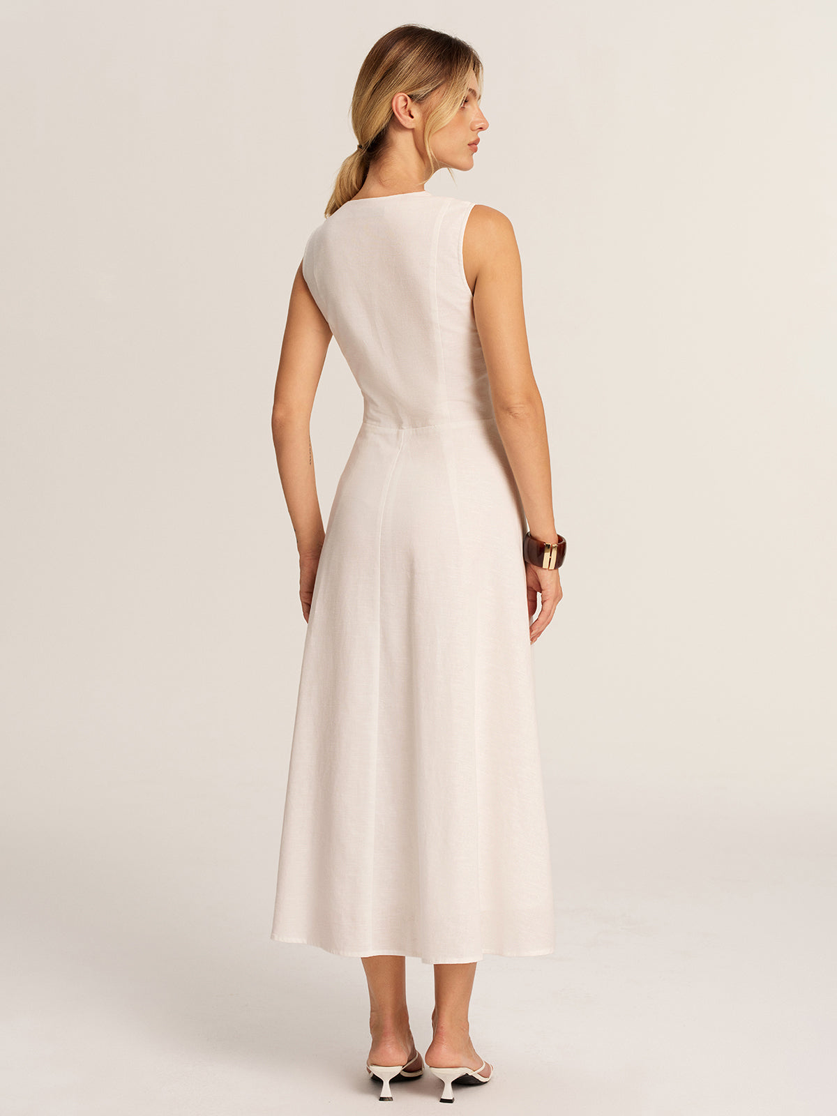 Scalloped Neckline Cotton Linen Midi Dress for Women Summer Casual