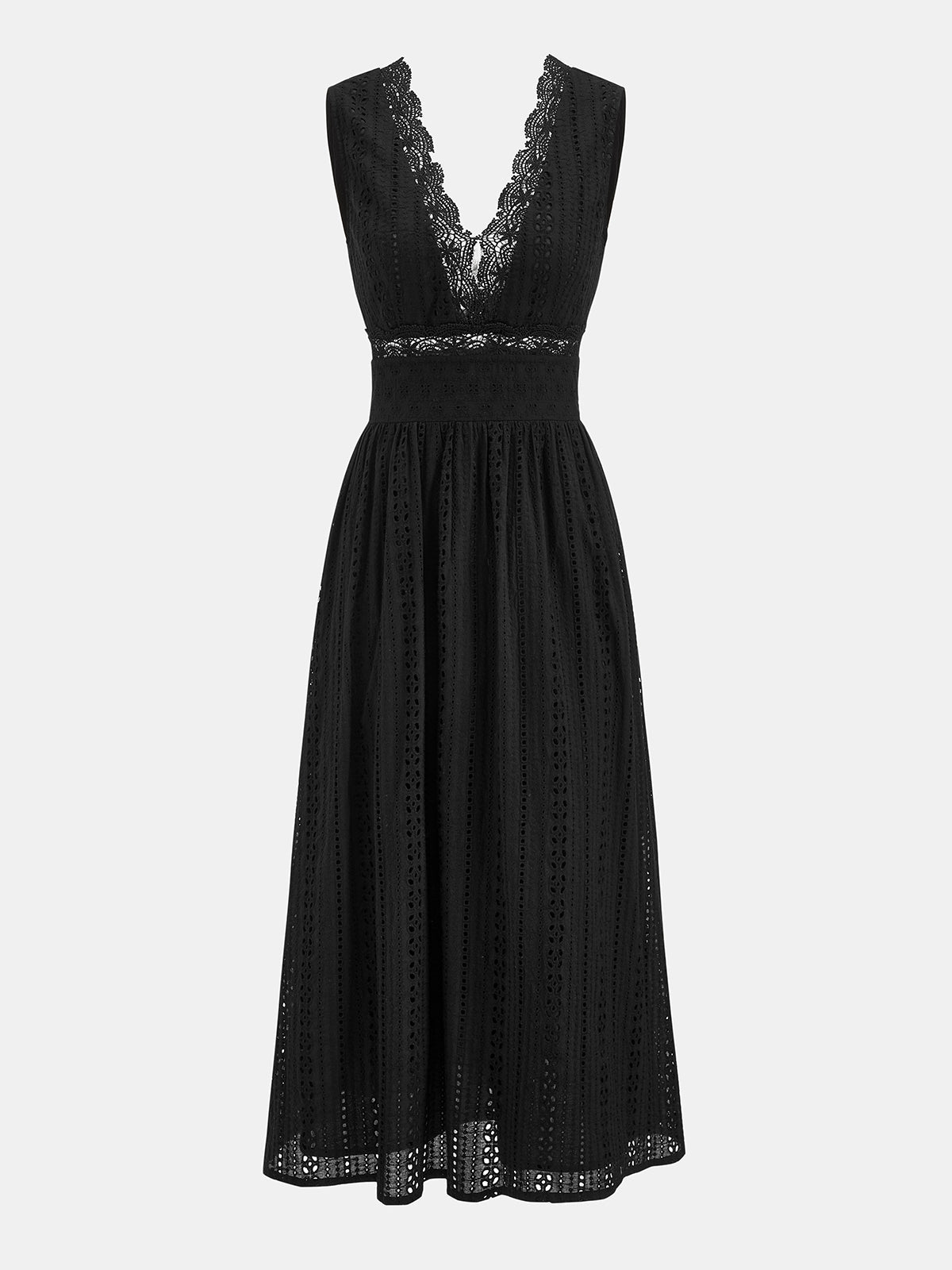 Lace Trim V-Neck Eyelet Maxi Dress with Flutter Sleeves and Side Slit