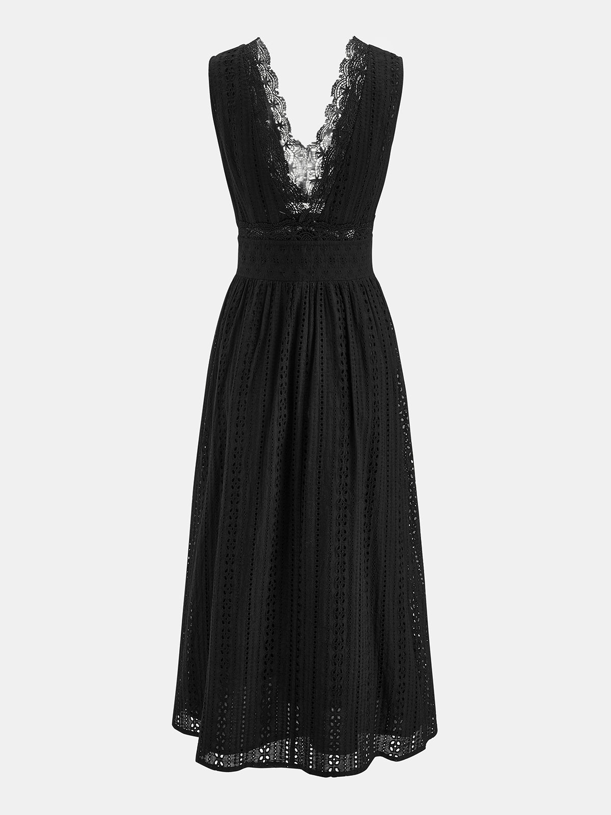 Lace Trim V-Neck Eyelet Maxi Dress with Flutter Sleeves and Side Slit