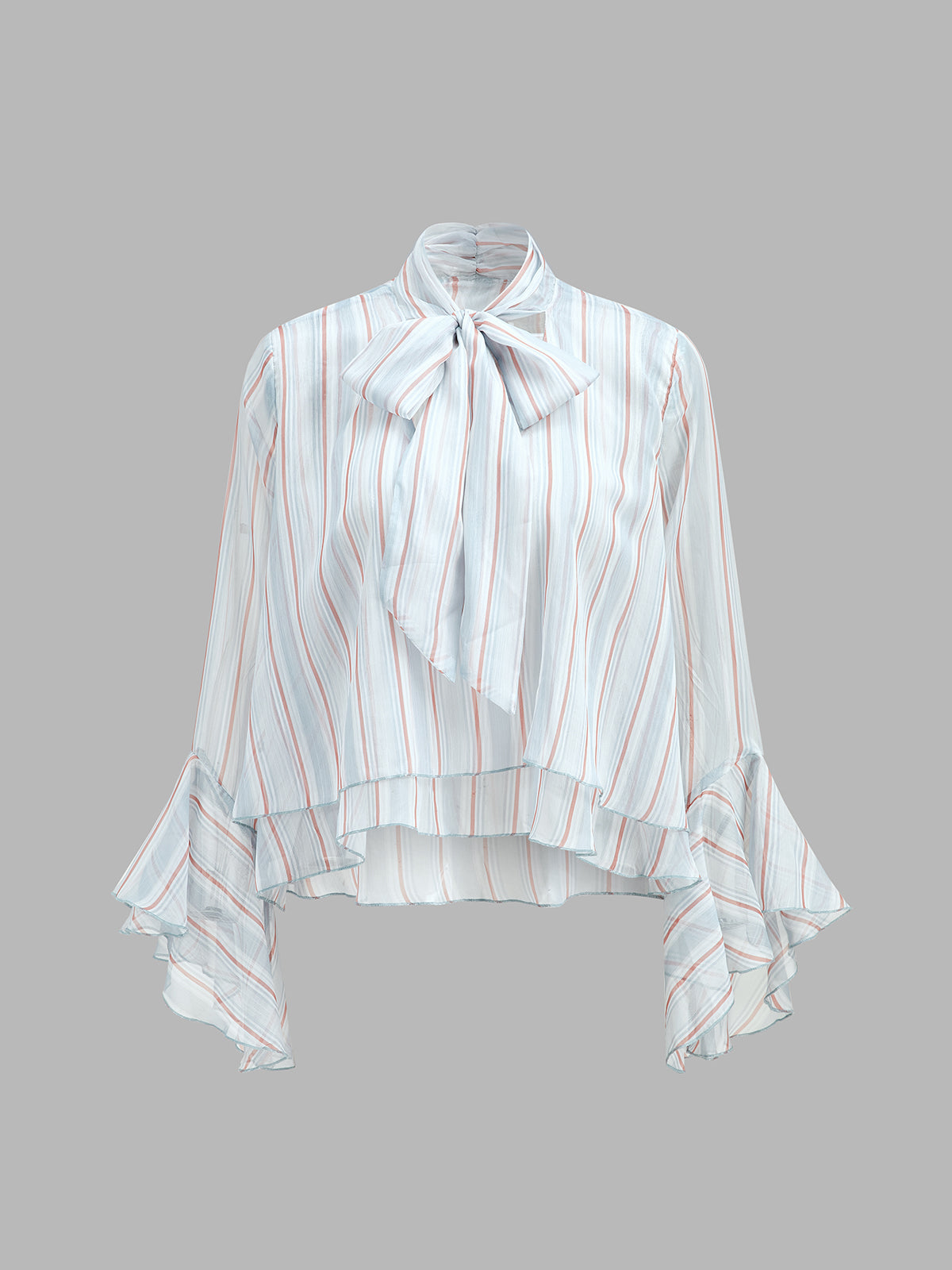 Striped Bow Neck Flounce Sleeve Blouse for Women Casual Fashion