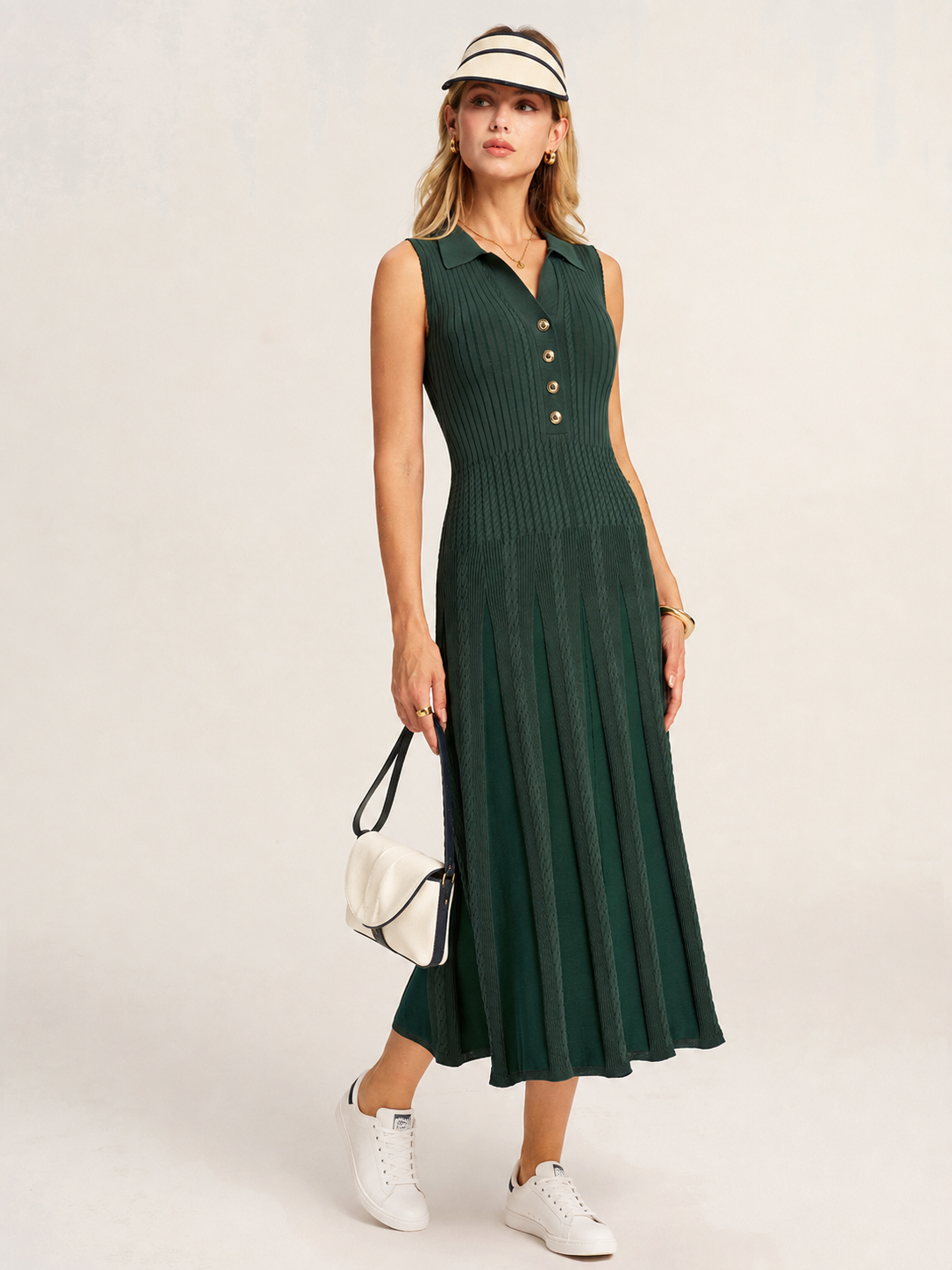 Sleeveless Polo Ribbed Knit Midi Dress with Side Slit Detail