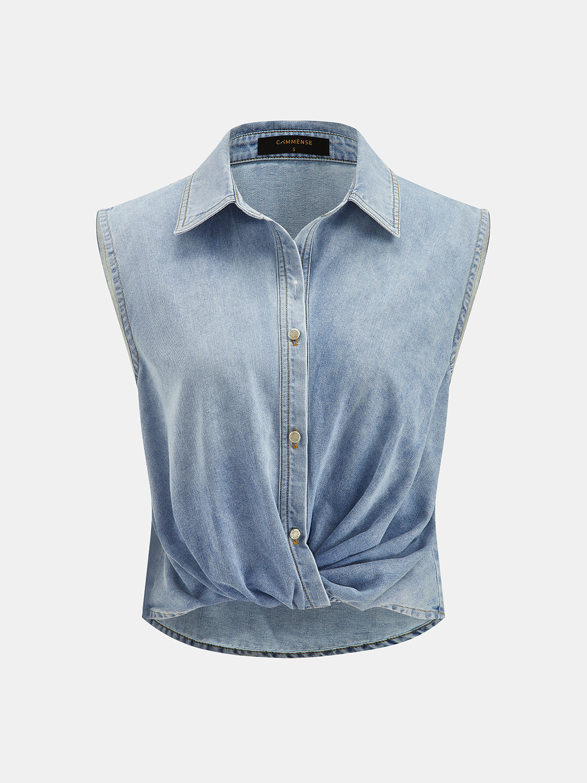 Sleeveless Twisted Collared Denim Shirt Women's Casual Top