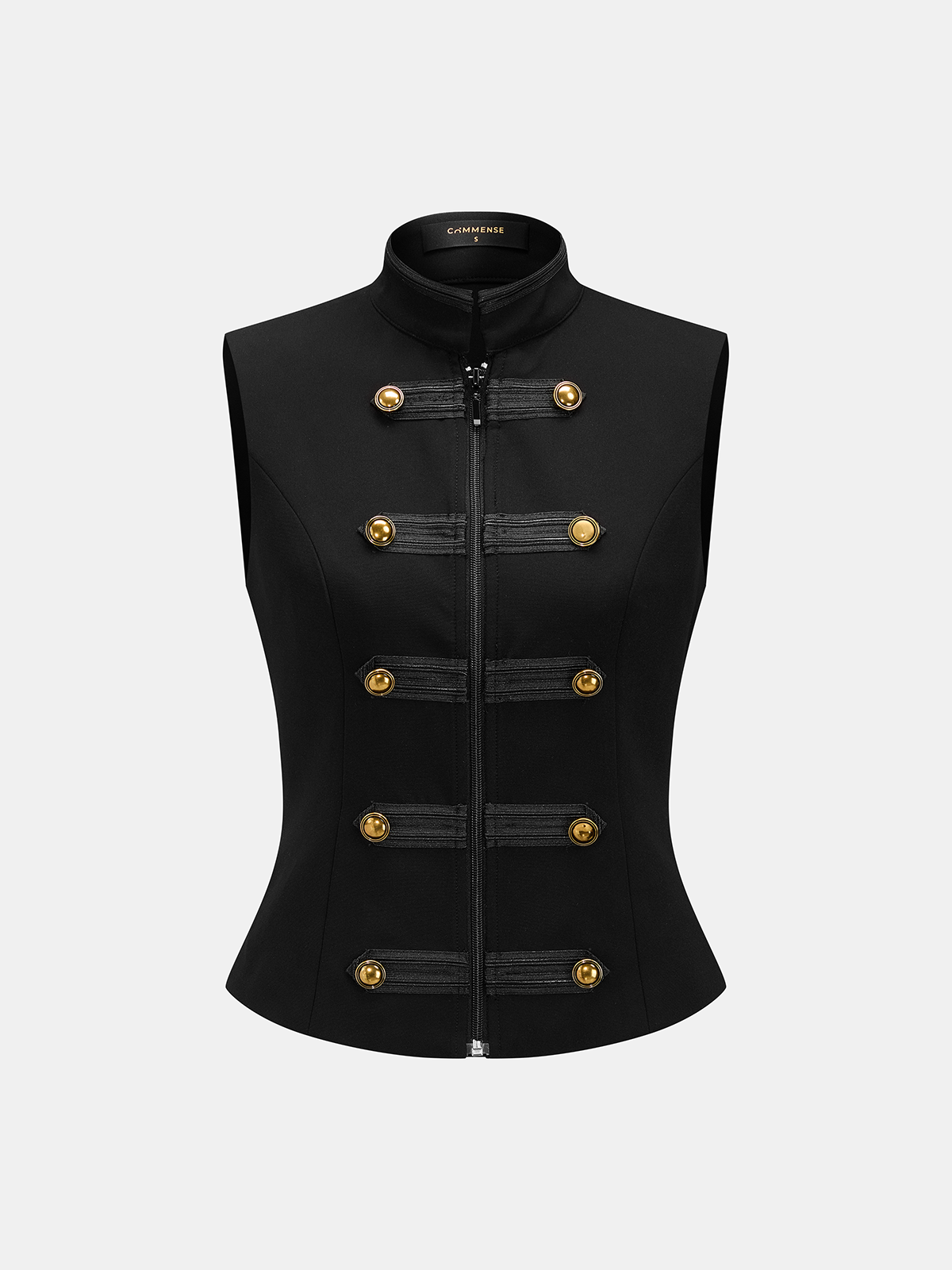Napoleon Metal Detail Mandarin Collar Zipper Vest with Adjustable Straps and Side Pockets
