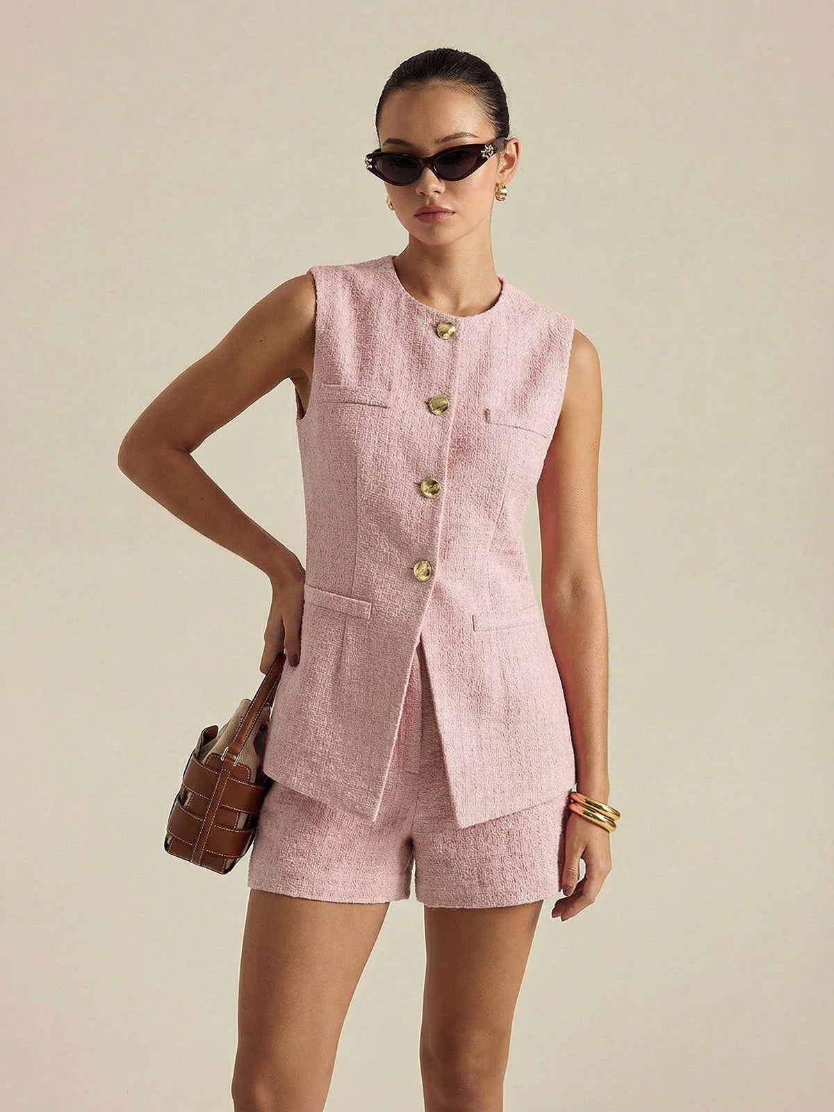 Metal Button Tweed Vest & Shorts Set with Elegant Chic Design