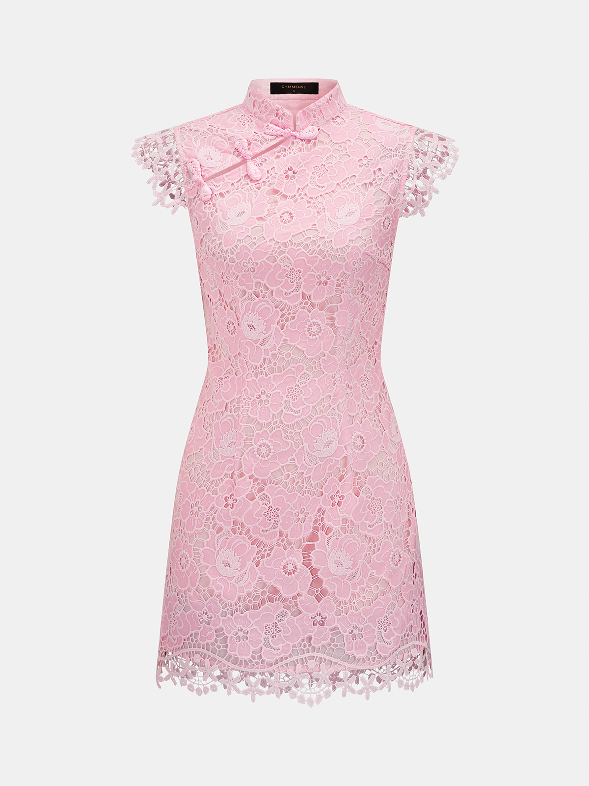 Frog Button Guipure Lace Cheongsam Mini Dress Traditional Embroidered Style