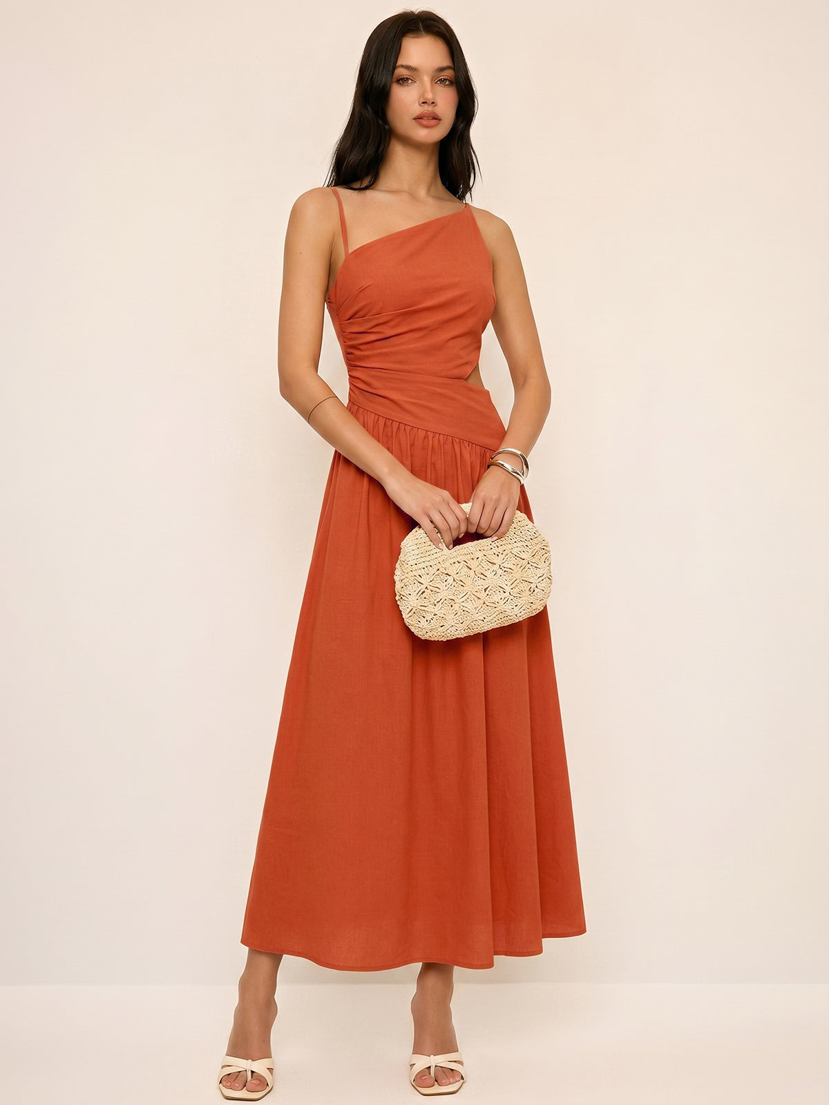 Striped Cut-Out Asymmetric Cami Maxi Dress for Summer Evenings