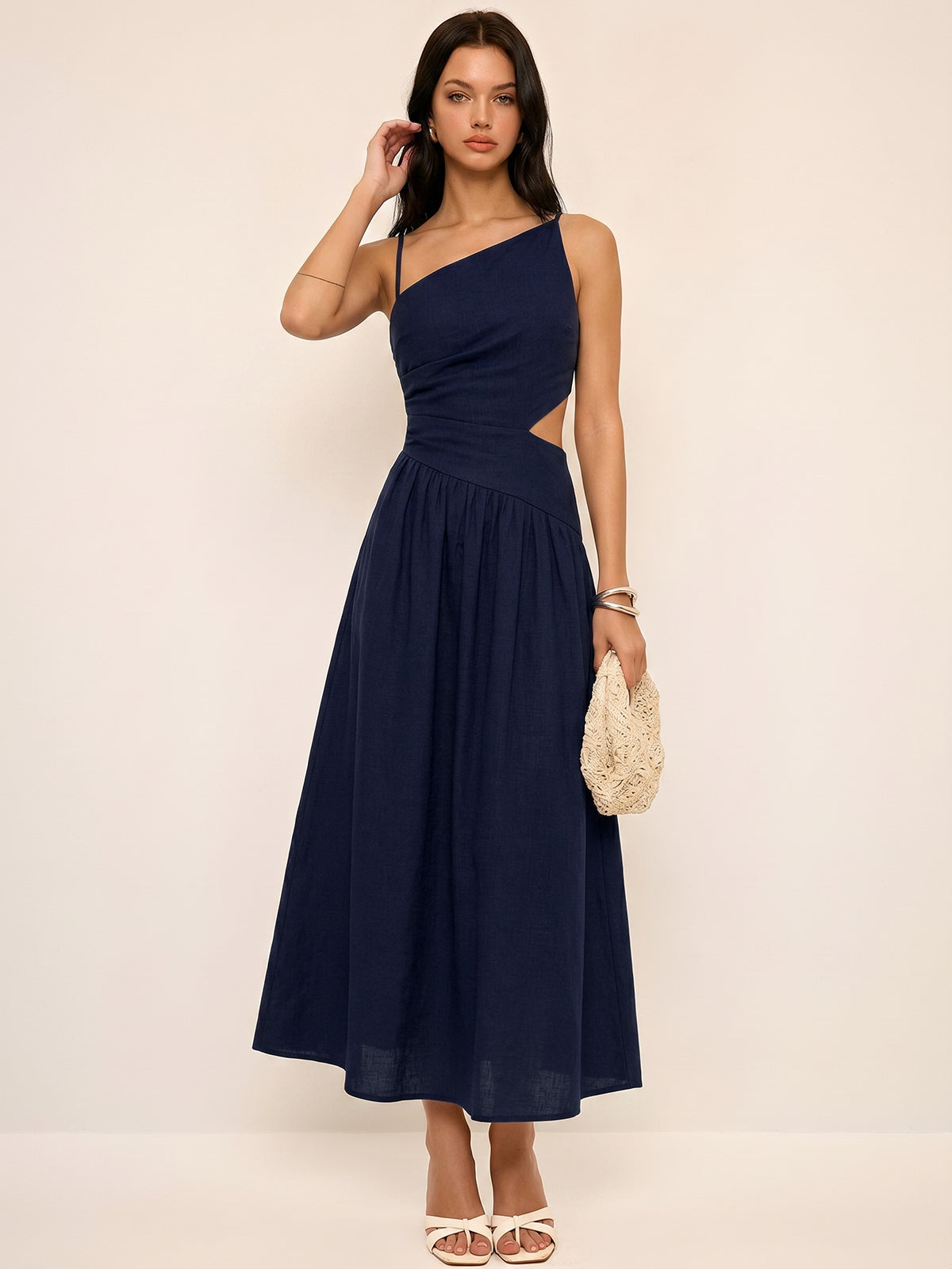 Striped Cut-Out Asymmetric Cami Maxi Dress for Summer Evenings
