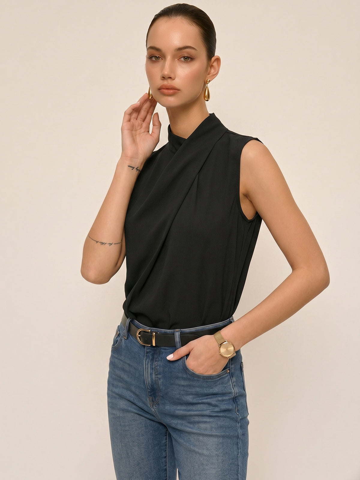 Sleeveless Striped High Neck Blouse for Women Trendy Casual Style