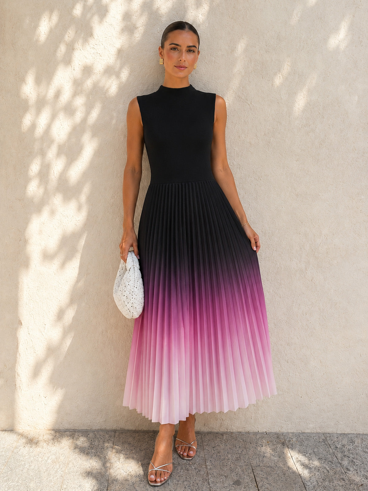 Sleeveless Pleated Gradient Midi Dress for Women Summer Casual