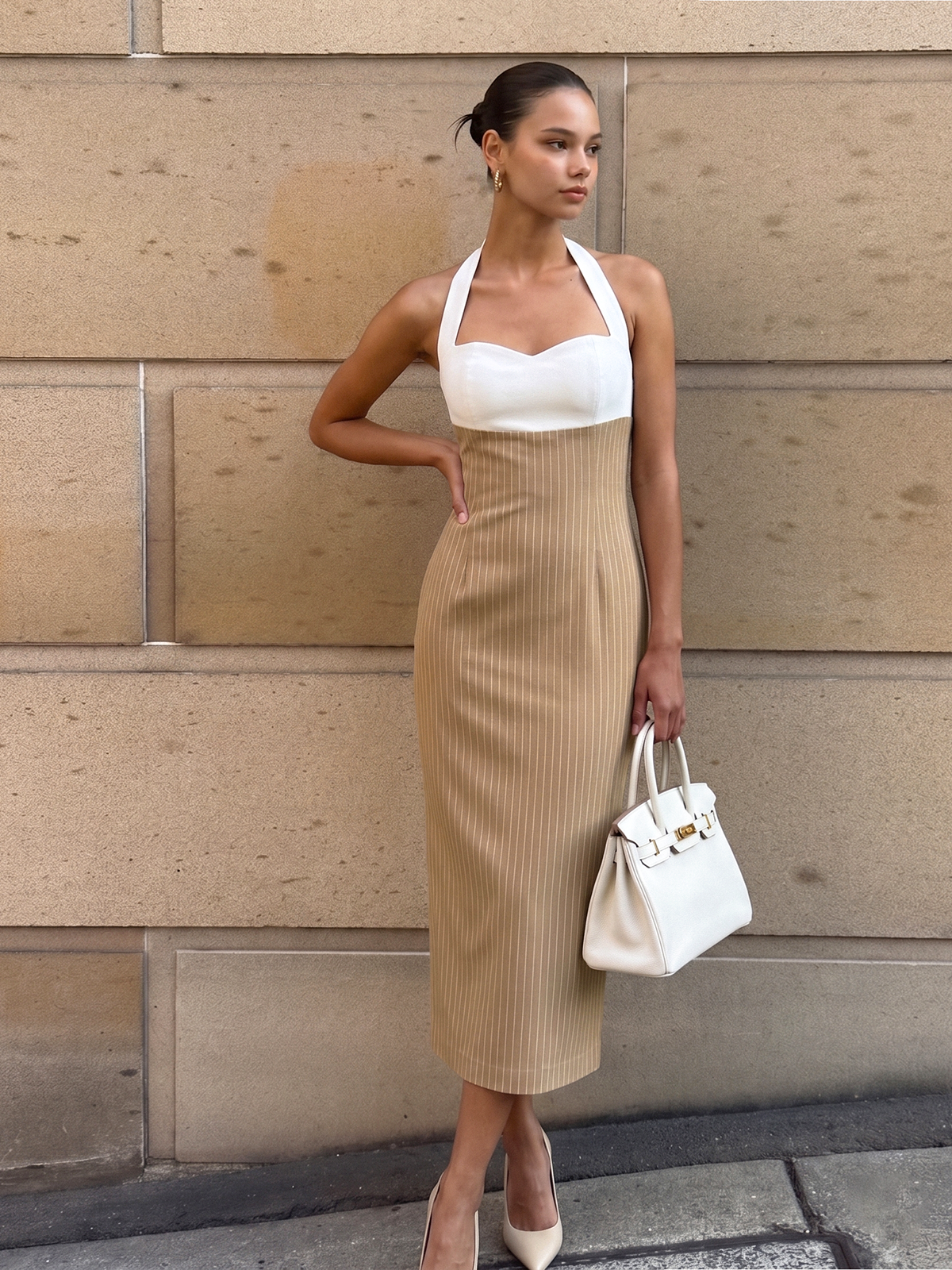 Color Block Halter Pinstripe Midi Bodycon Dress for Women Summer Trend