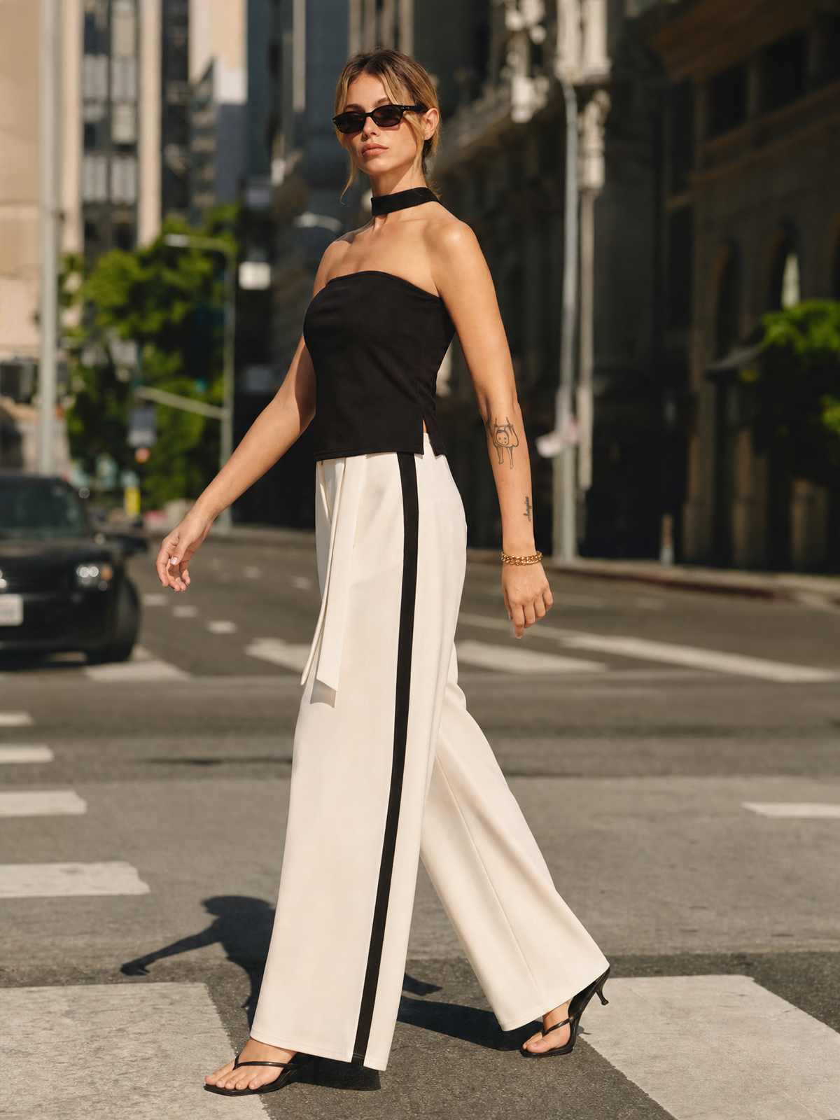 Halter Top & Side-Stripe Belted Pants Set with Matching Accessories