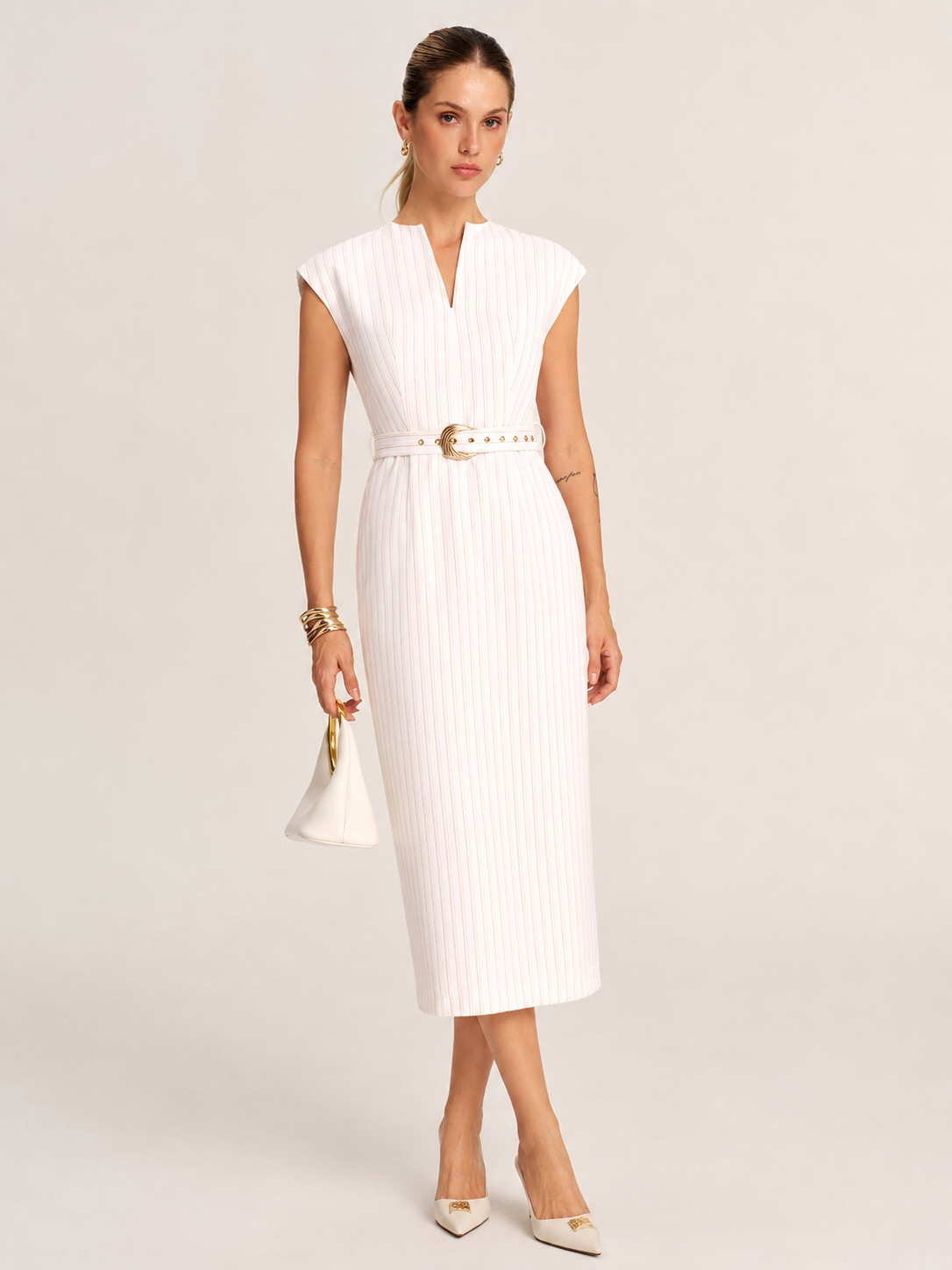 Sleeveless Notch Neck Striped Belted Midi Dress for Women Summer Casual