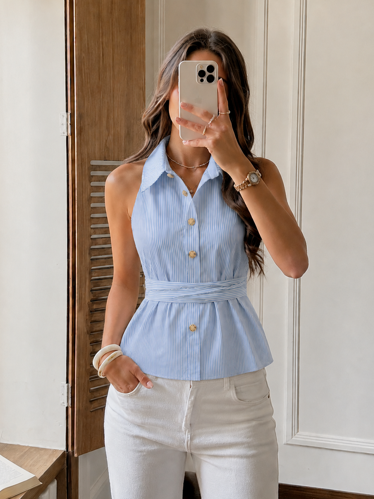 Back Bow Striped Halter Neck Blouse Women's Summer Casual Top