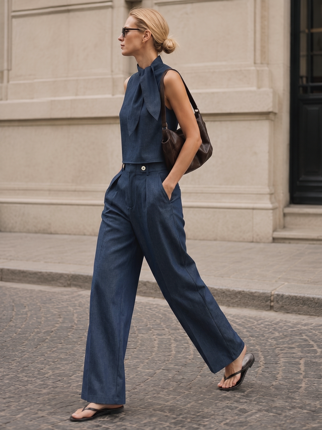 Tie-Neck Sleeveless Blouse & Pants Set for Women, Office Wear
