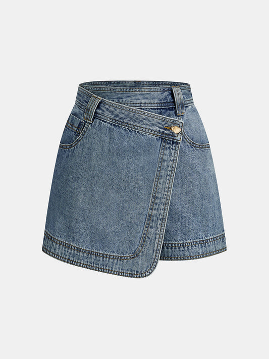 Wrap Front Asymmetrical Denim Skort with Adjustable Waistband