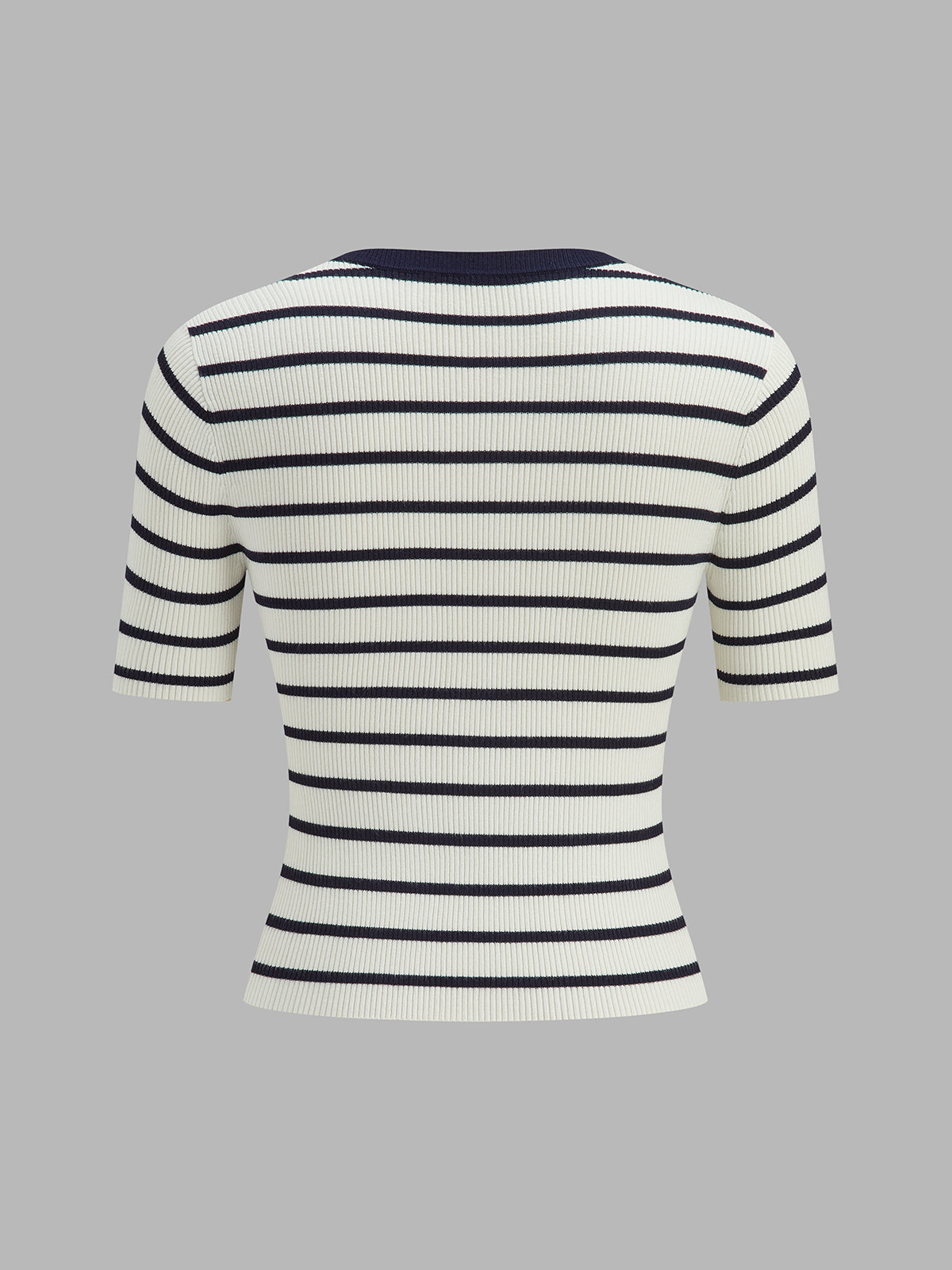 Striped Metal Button Short Sleeve Ribbed Knit Top Women’s Casual Fashion