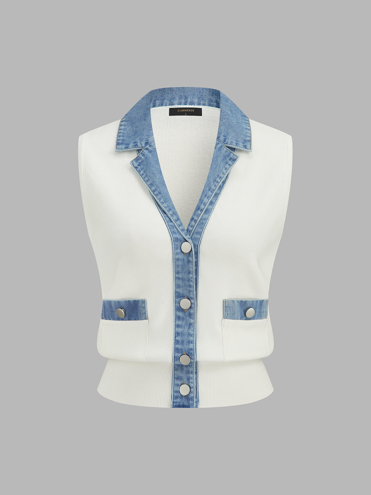 Denim Lapel Patchwork Rib Knit Sleeveless Vest for Women Casual Layering