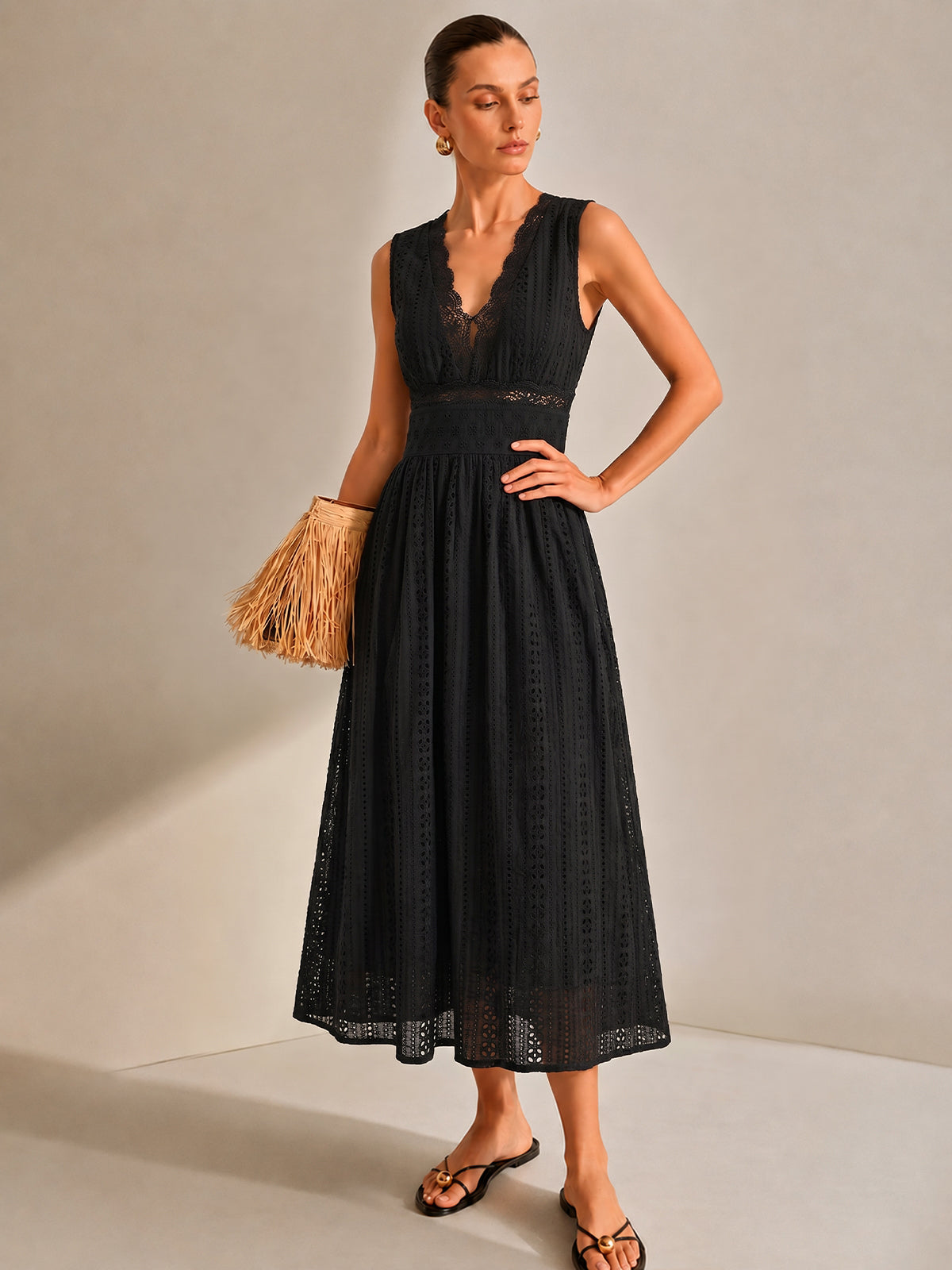 Lace Trim V-Neck Eyelet Maxi Dress with Flutter Sleeves and Side Slit
