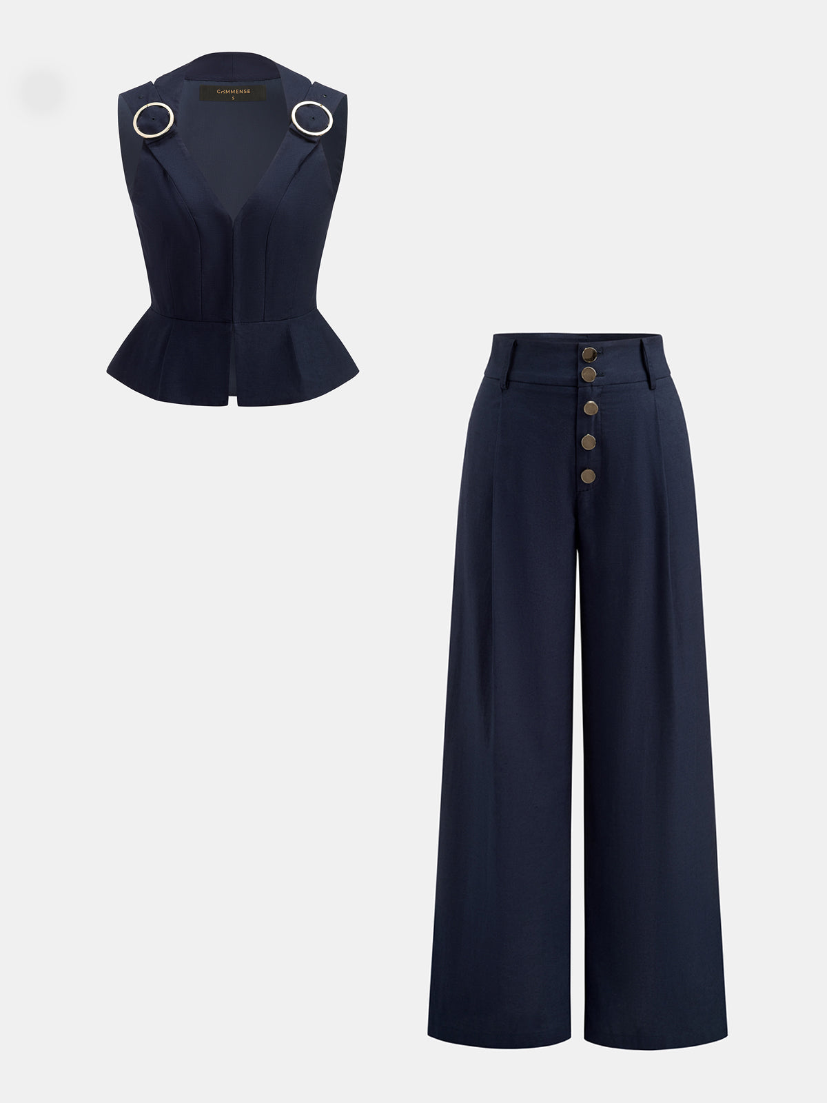 Ring Detail Peplum Cotton Linen Top & Pants Set | Women's Casual Summer Outfit