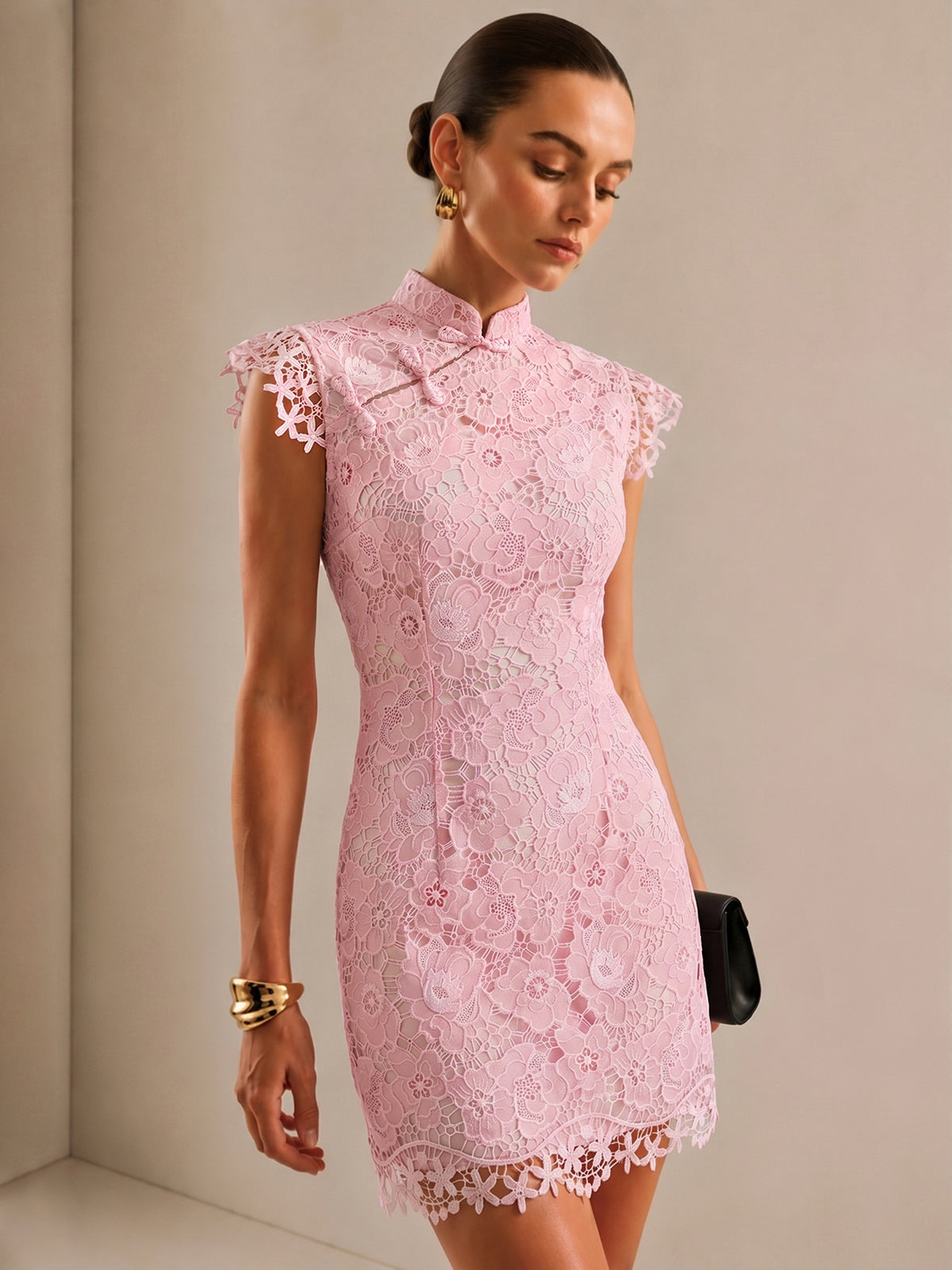 Frog Button Guipure Lace Cheongsam Mini Dress Traditional Embroidered Style
