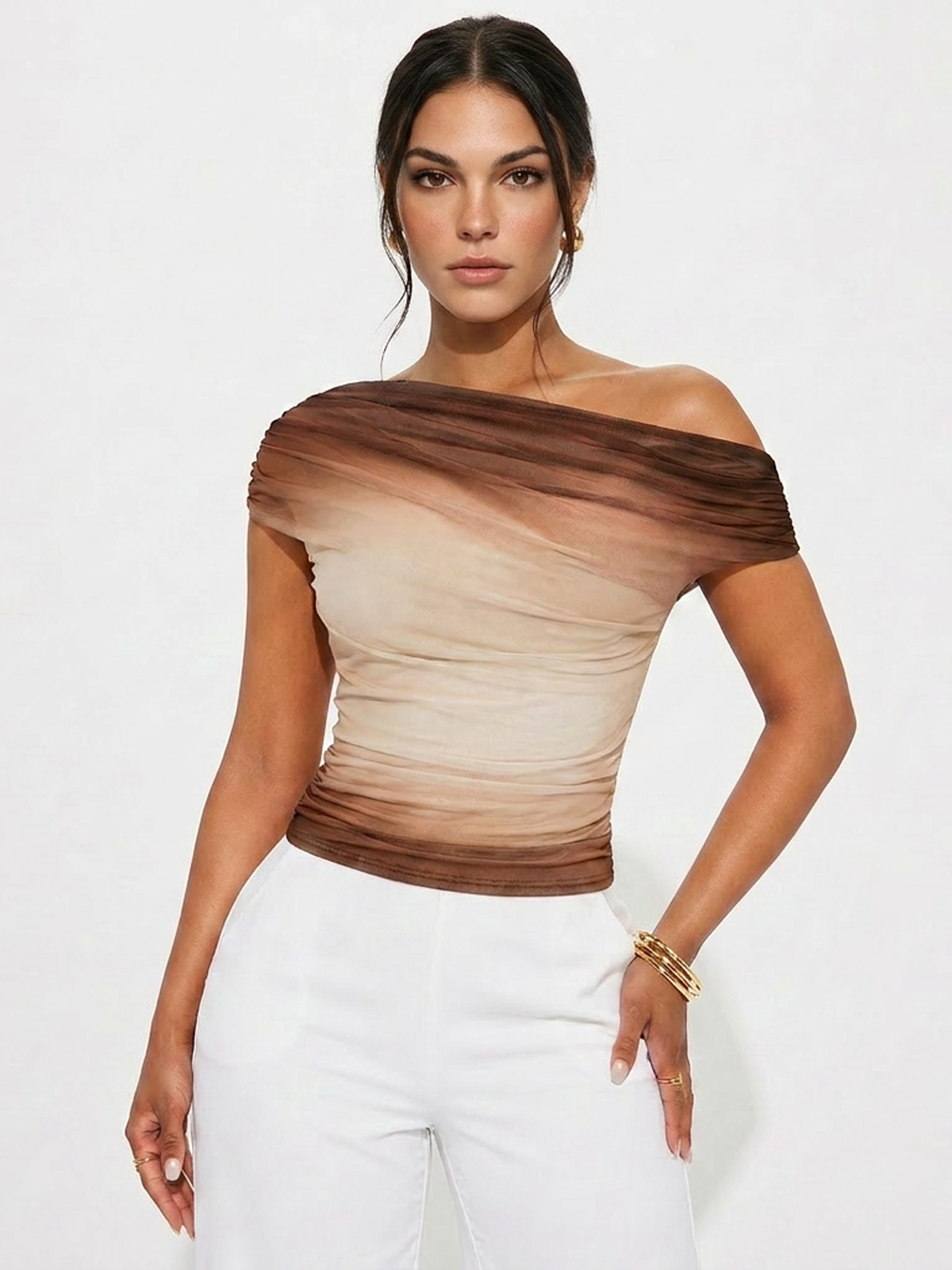 Gradient Mesh Off-Shoulder Ruched Top for Women Elegant Fit