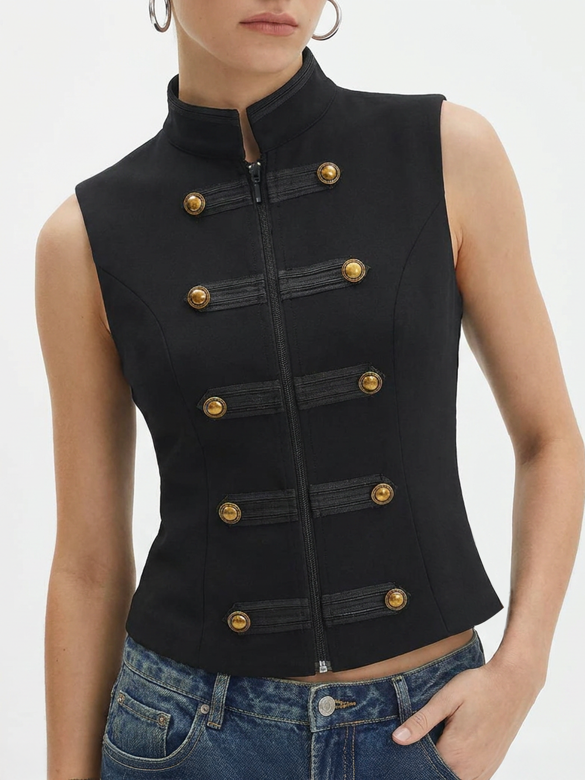 Napoleon Metal Detail Mandarin Collar Zipper Vest with Adjustable Straps and Side Pockets