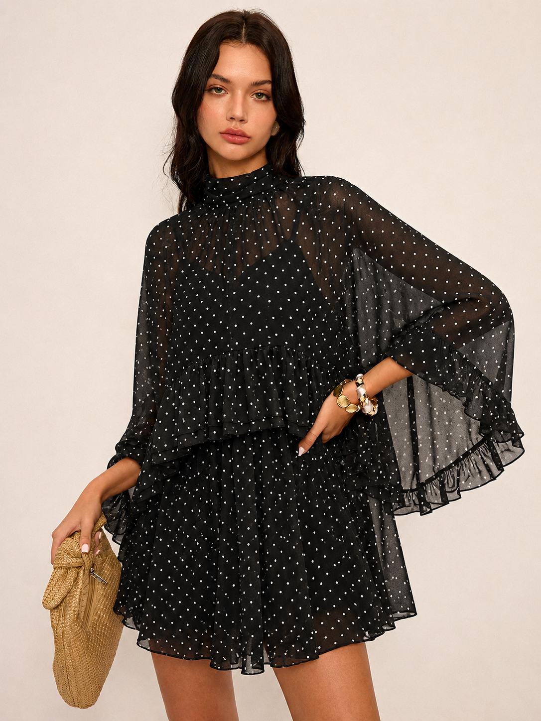 Polka Dot Chiffon Two Piece Flowy Dress Set for Women