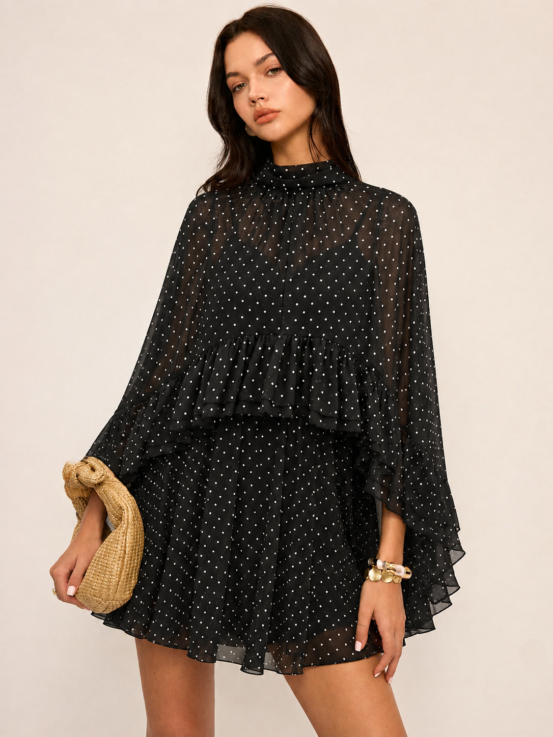 Polka Dot Chiffon Two Piece Flowy Dress Set for Women