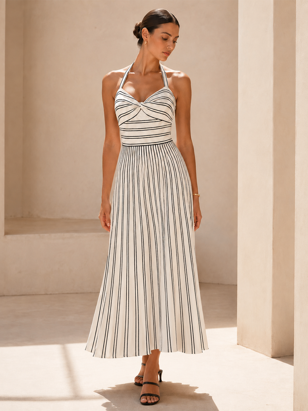 Striped Halter Knit Midi Dress for Summer Casual Wear