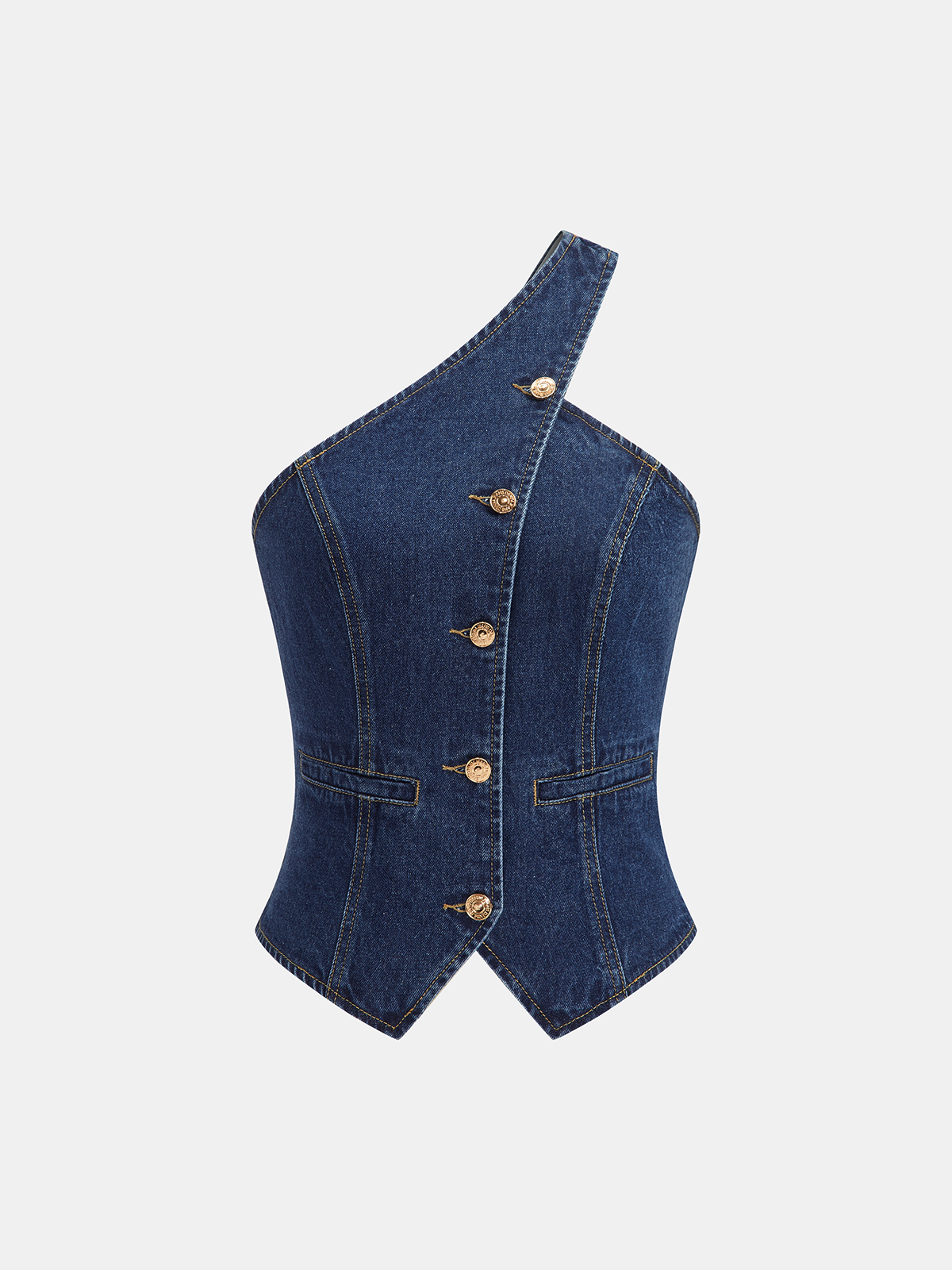 One Shoulder Buttoned Denim Vest with Adjustable Strap