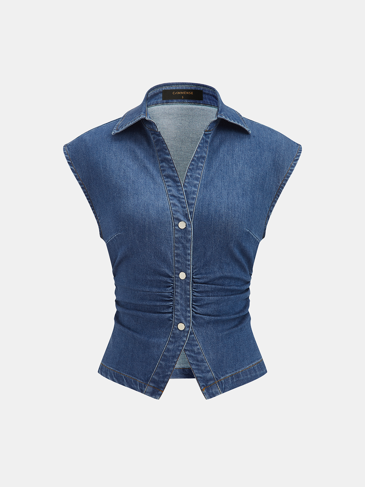 Ruched Collared Button Denim Tank Top for Women Casual Summer