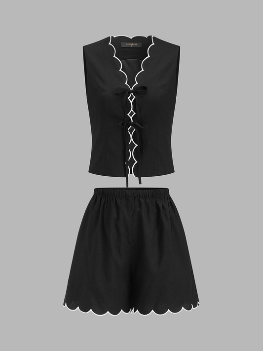 Tie-Front Scallop Trim Top & Shorts Set with Elastic Waistband