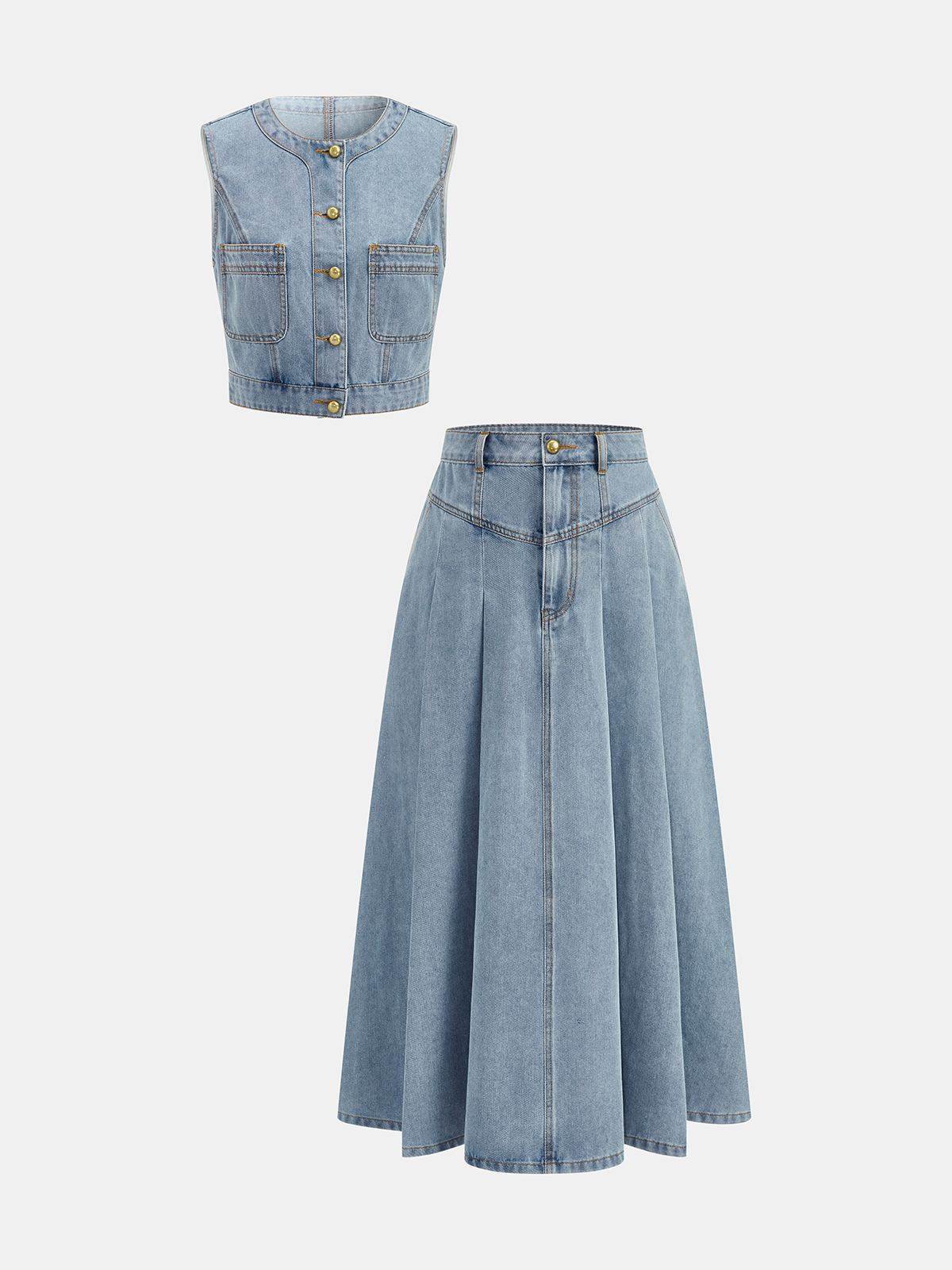 Denim Crop Vest & Pleated Midi Skirt Set for Casual Outfits