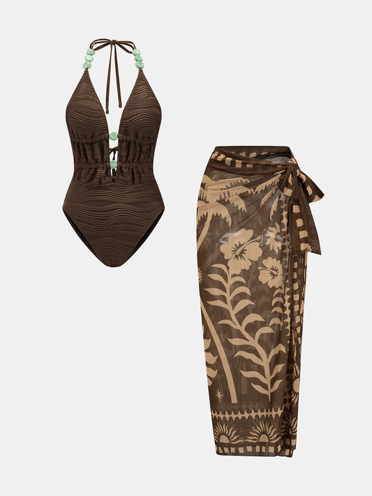 Beaded Textured One Piece Swimsuit & Sarong Set - Stylish Women's Beachwear Essentials
