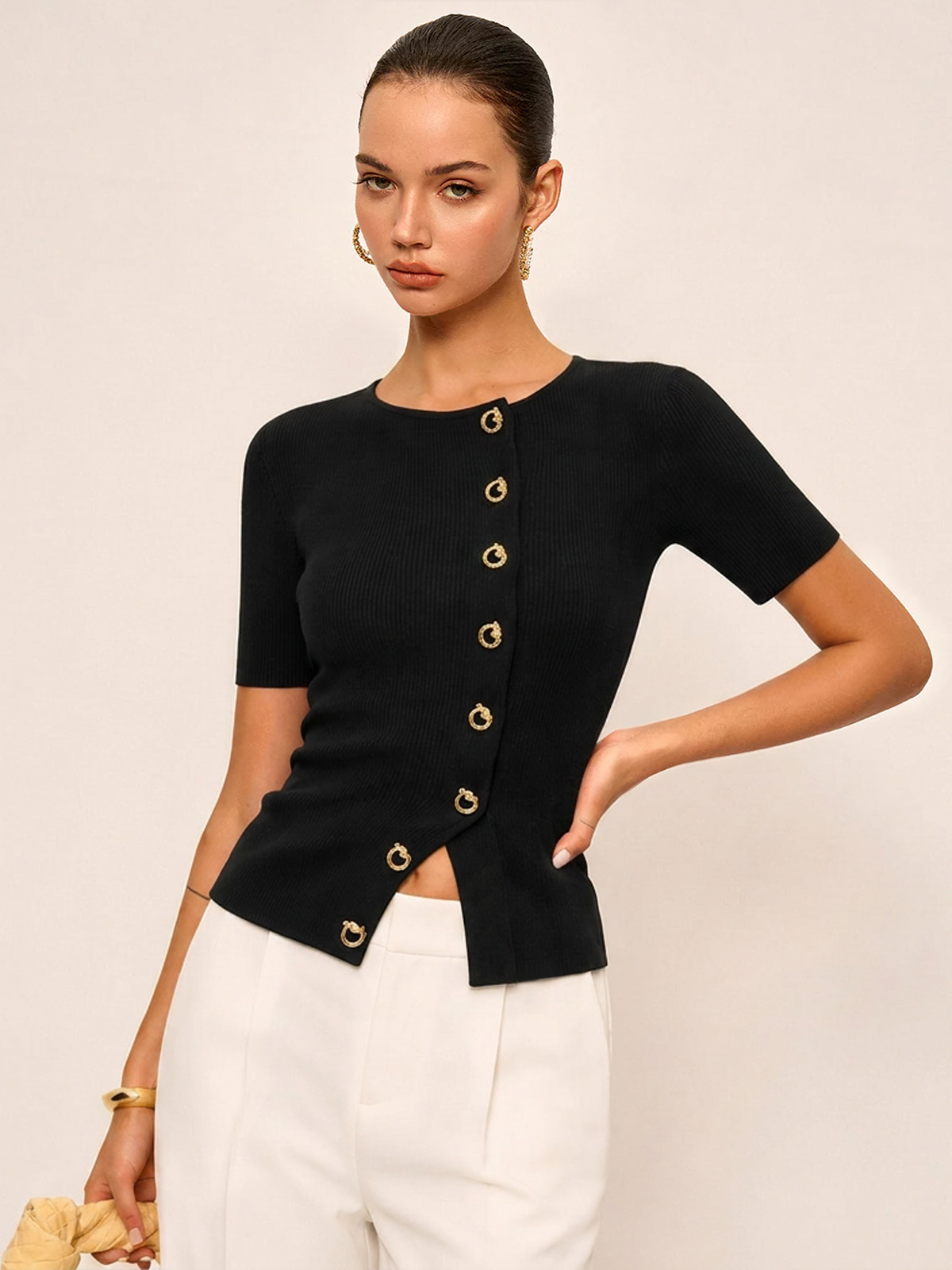 Metal Detail Short Sleeve Ribbed Knit Top - Women's Casual Fashion Knitwear Essentials