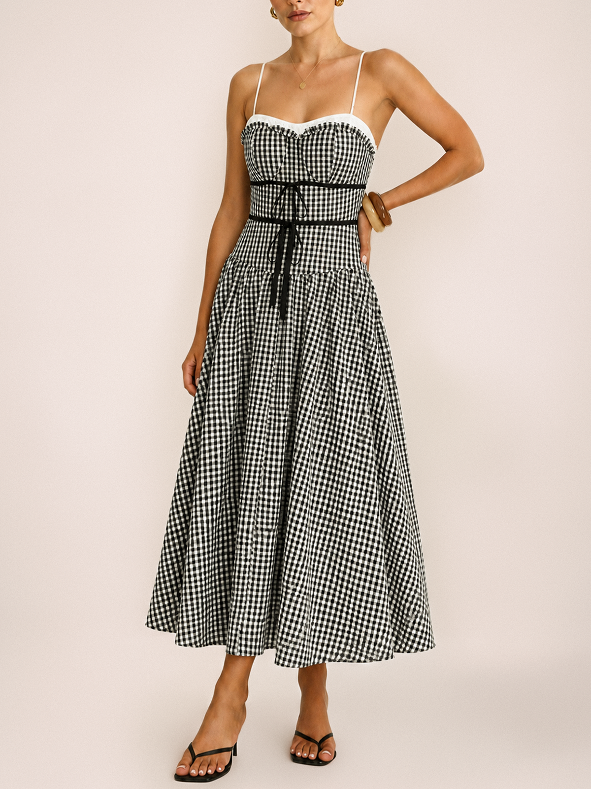 Gingham Cotton Cami Maxi Dress with Adjustable Straps and Pockets